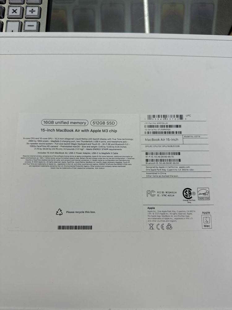 Macbook air 15 m3 16/512