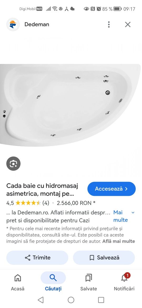 Cadă hidromasaj asimetrica