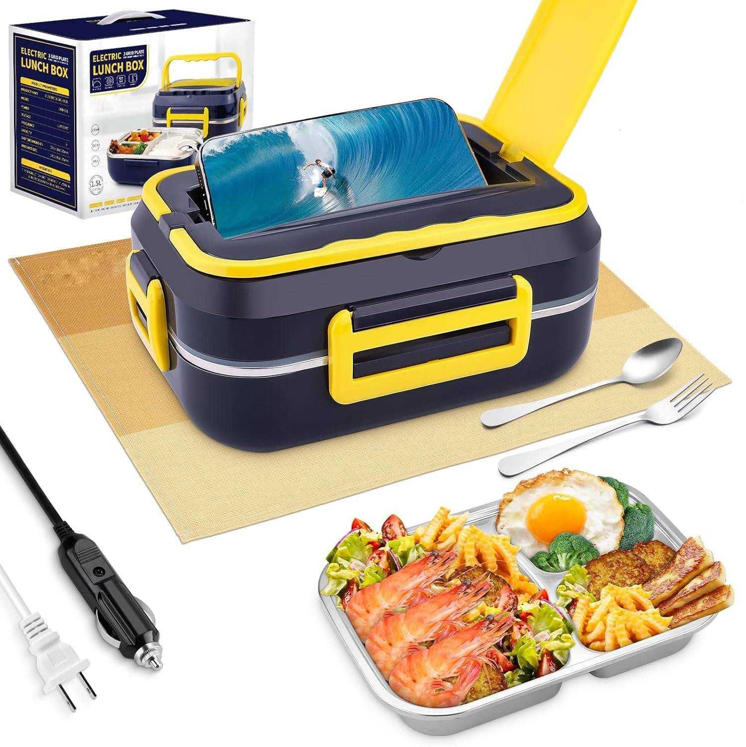 Cutie de pranz electrica 900ml cablu 220V si 12V tacamuri inox incluse