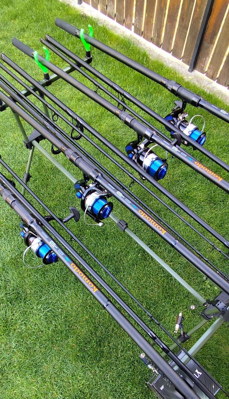 Set 4 Lansete Carbon 3,90m,3 Segm+4 Mulinete 8000+Rod Pod Echipat