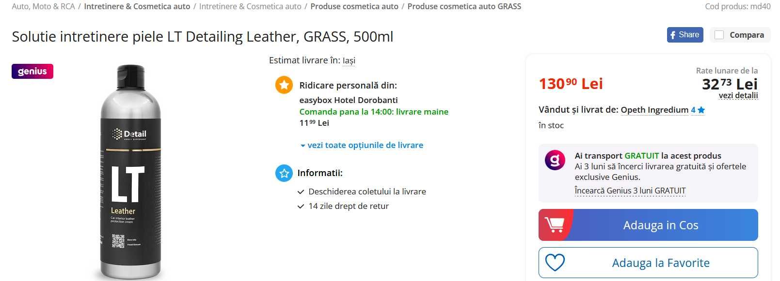 Solutie intretinere piele LT Detailing Leather, GRASS, 500ml