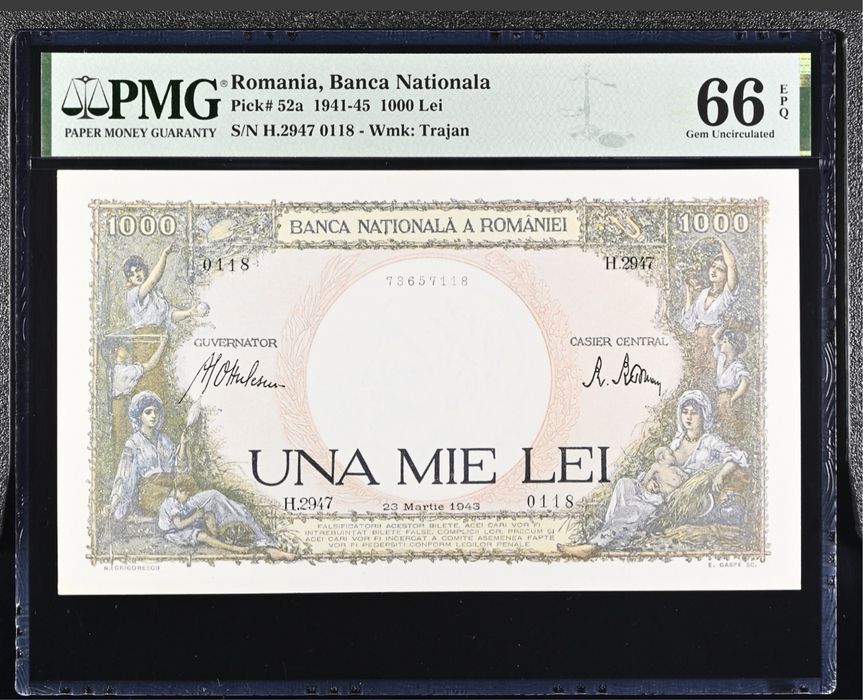 1000 lei Martie 1943 PMG66 UNC bancnota gradata