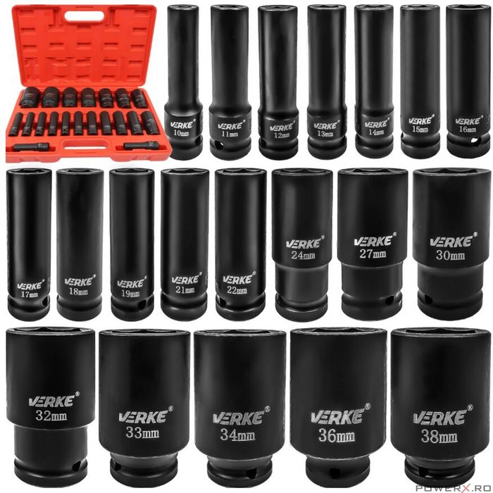 Set chei tubulare de impact lungi, 1/2" 10 - 38 mm, 20 piese, Verke