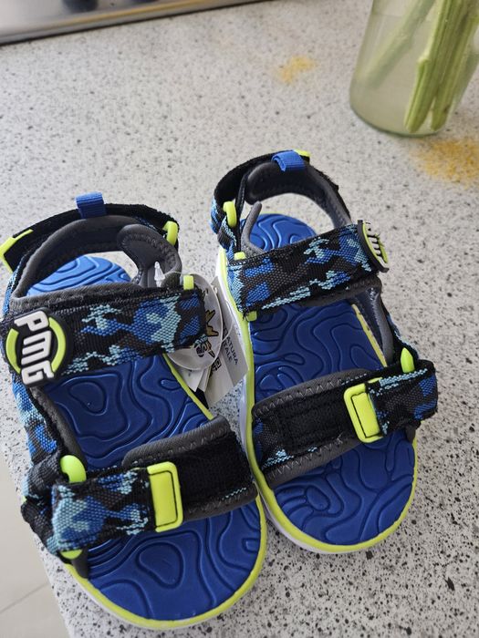 Sandale cu model si velcro, Gri, Albastru royal, 27 EU