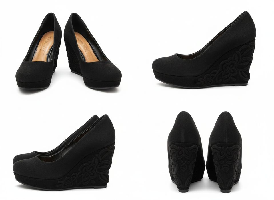 Черные замшевые туфли на танкетке VENETTA SHOES. Декор "Цветы