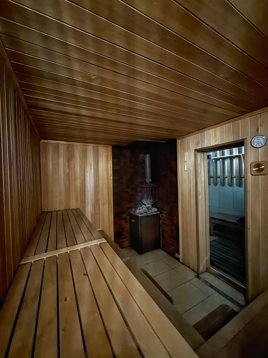 Sauna pe lemne, bazin cu apa