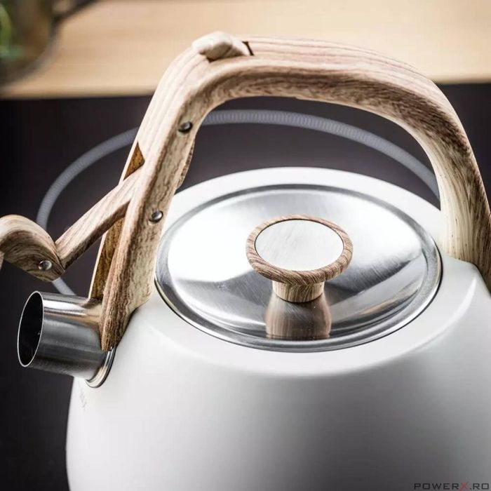 Ceainic, fierbator cu fluierat din otel inoxidabil, alb, cu maner din