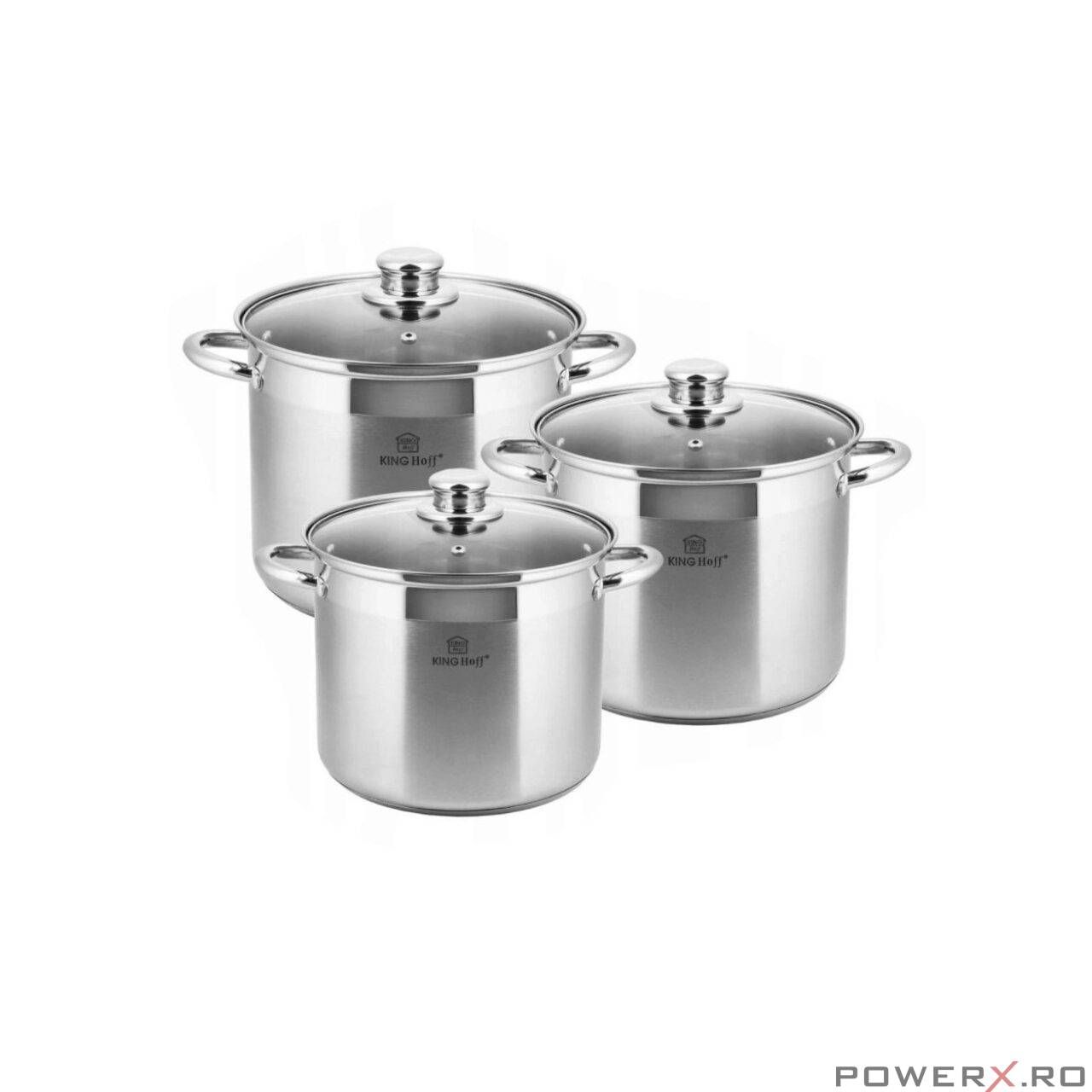 Set 3 oale din Inox cu capac sticla, 4.1l, 5.6l, 7.2l KingHoff