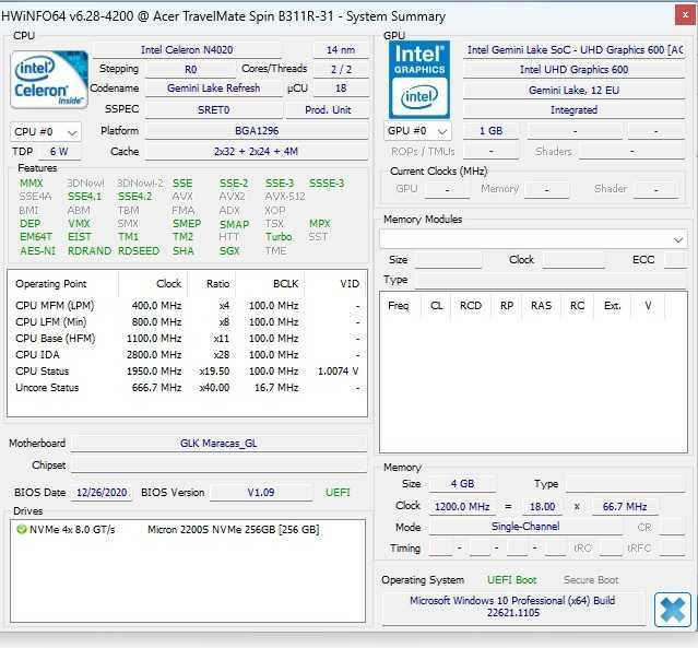 Laptop Acer Intel N4020 Ram 4G SSD 256,Touch 11.6  29.5 Cm