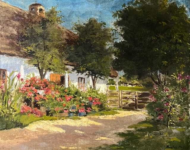 SUPERB! Școală maghiară-”Curte înflorită” TABL0U f VECHI,  u/pz 70x55