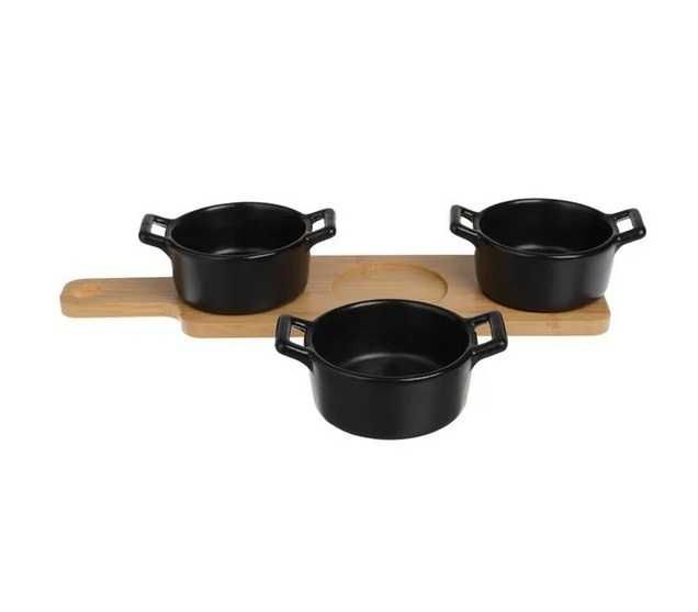 Бамбукова дъска/ поднос +3бр керамични купички, 28см