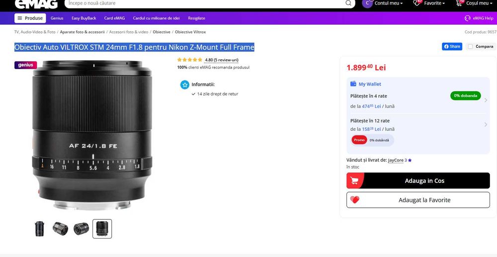 Obiectiv Auto VILTROX STM 24mm F1.8  Nikon Z Full Frame Nou Sigilat