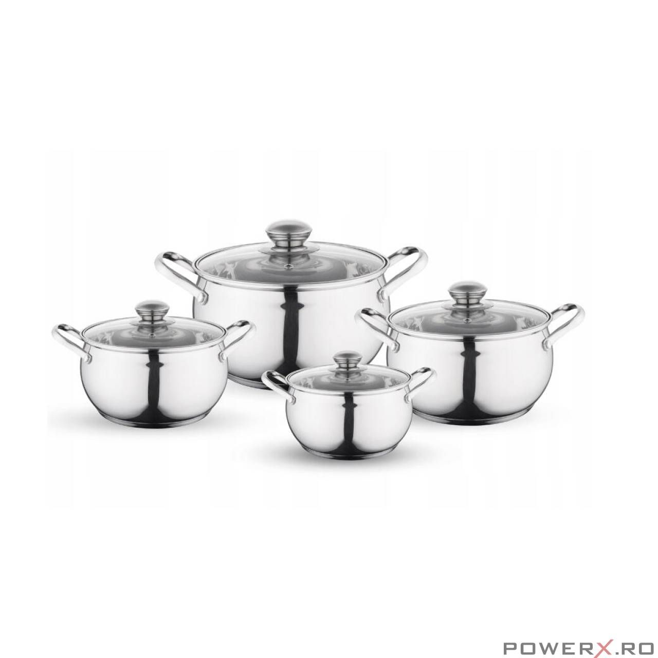 Set 4 oale din inox, cu capac, 1.9 l, 2.6 l, 3.6 l, 4.7 l, argintiu,