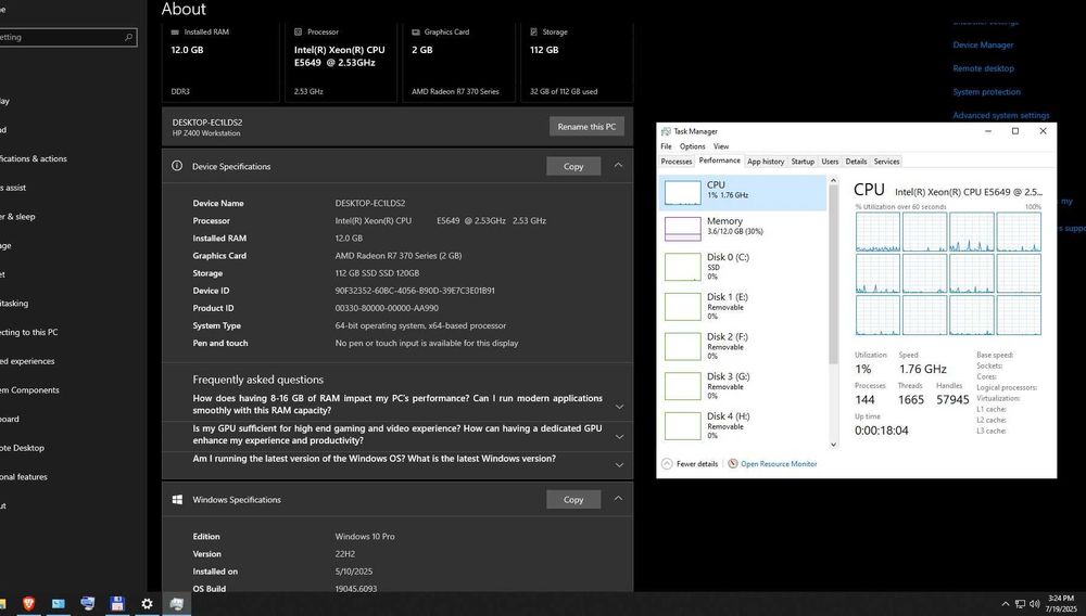 HP Z400 6 core/12 thread, 12 GB RAM, SSD 120 GB, video 2 GB 256 bit