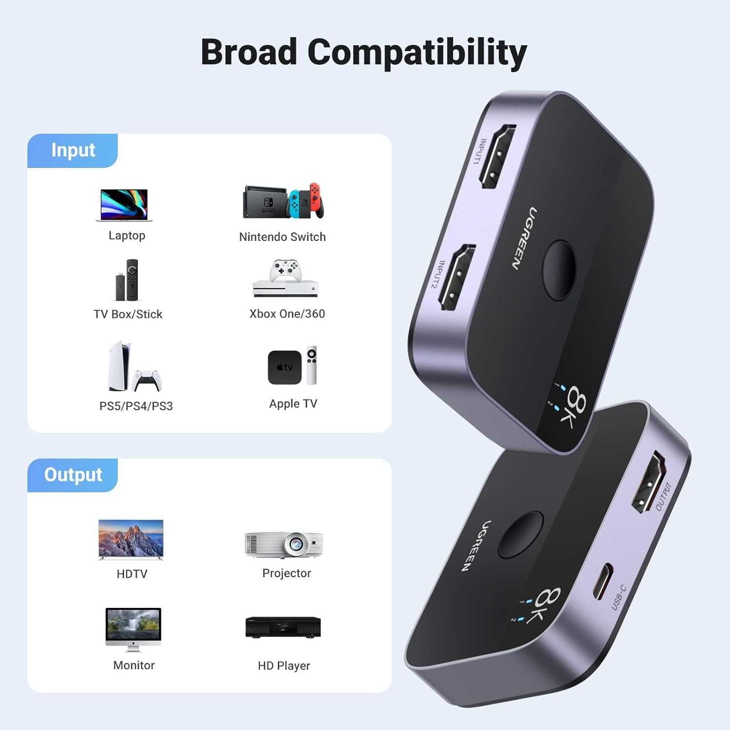 Ugreen HDMI 4K120Hz, 8K60Hz превключвател 2 в 1 изход