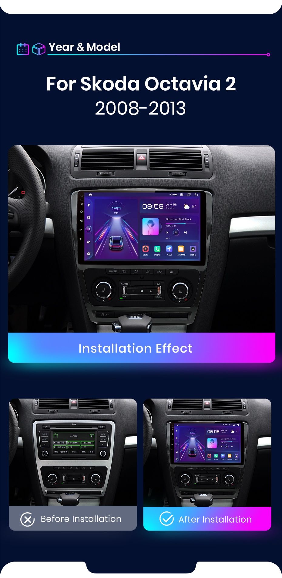 Navigatie Android dedicata pentru SKODA Octavia 2 (2008-2013)