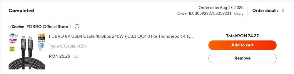 Cablu FDBRO 8K USB4 40Gbps 240W PD3.1 QC4.0 pentru Thunderbolt 4 tip C