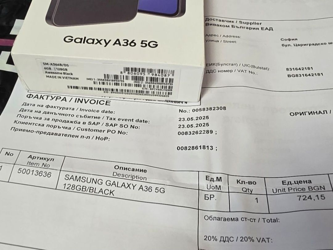 ЗАПЕЧАТАН 128GB Samsung A36 5G Vivacom Гаранция 2027 Black / Черен