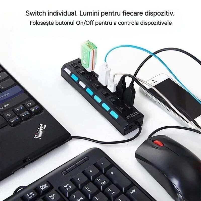 USB Hub 7port hi speed, butoane on/off individuale, cablu 30cm