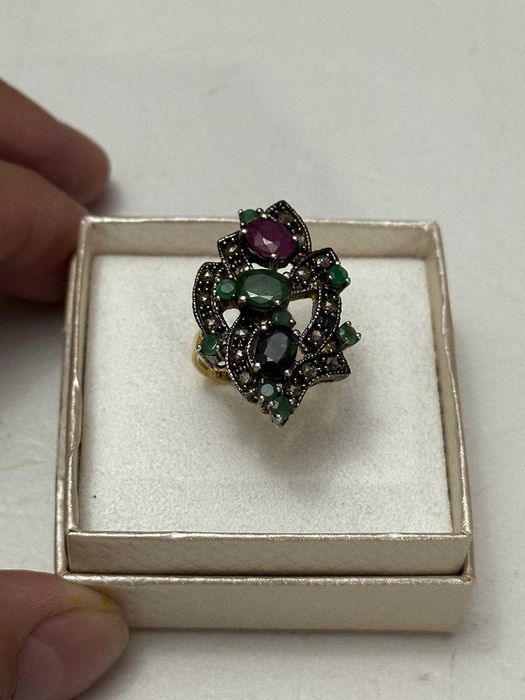 INEL AUR 14K + ARGINT + Diamante + Smaralde + Rubin + Safir - Vintage