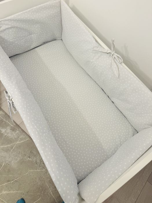 Pătuț co-sleeping alb + saltea cocos + lenjerie + set plapumă & pernă