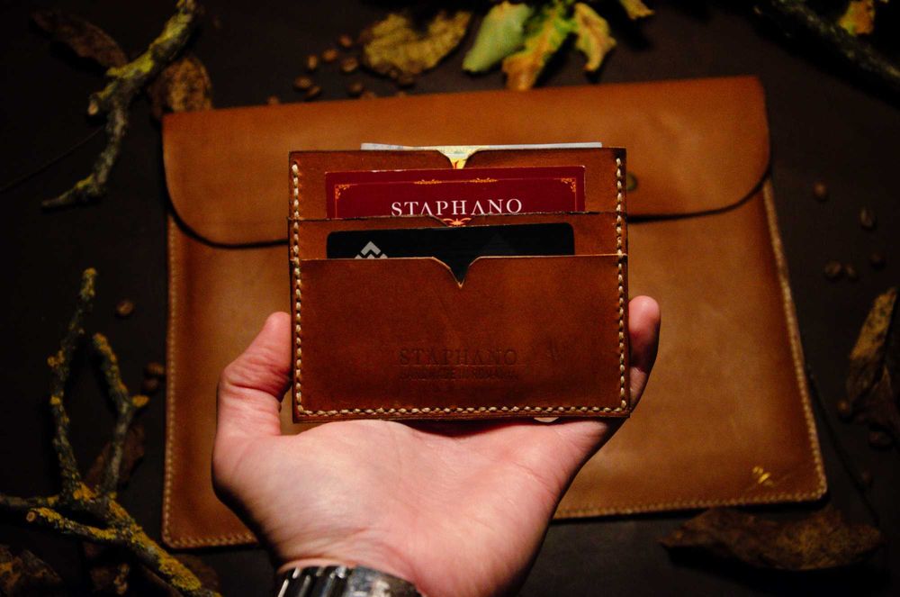 Portcard piele naturală maro handmade - Staphano
