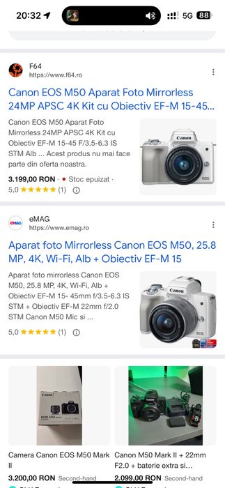 Canon EOS M50 Mirrorless 24 MP APSC, 4 K, kit cu obiectiv EF-M 15-45 m