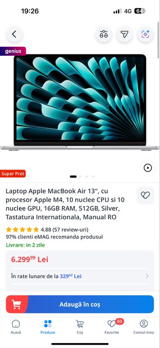 Apple MacBook air 13 m4 16gb 512ssd sigilat argintiu sigilat