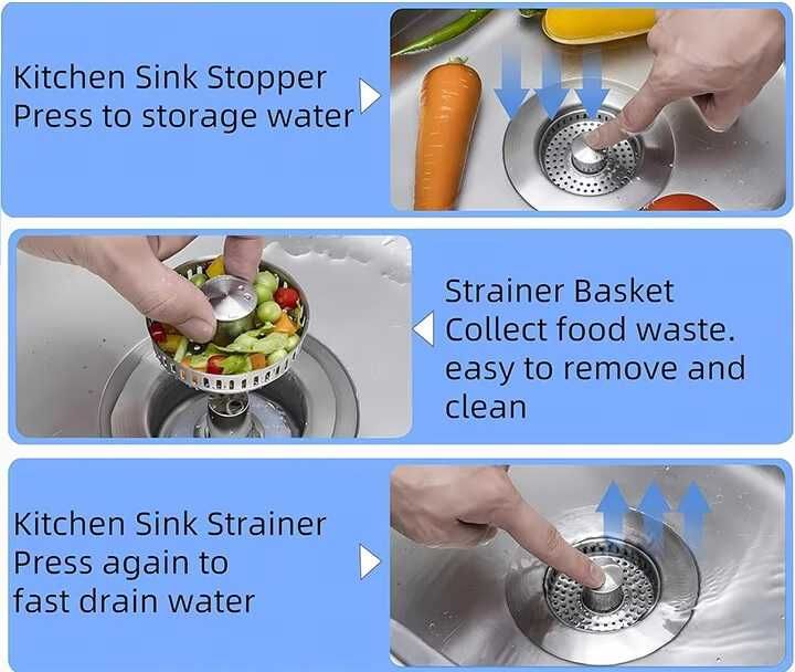 Filtru scurgere chiuveta 3-in-1, inox, pop-up, 11.3x3.7cm