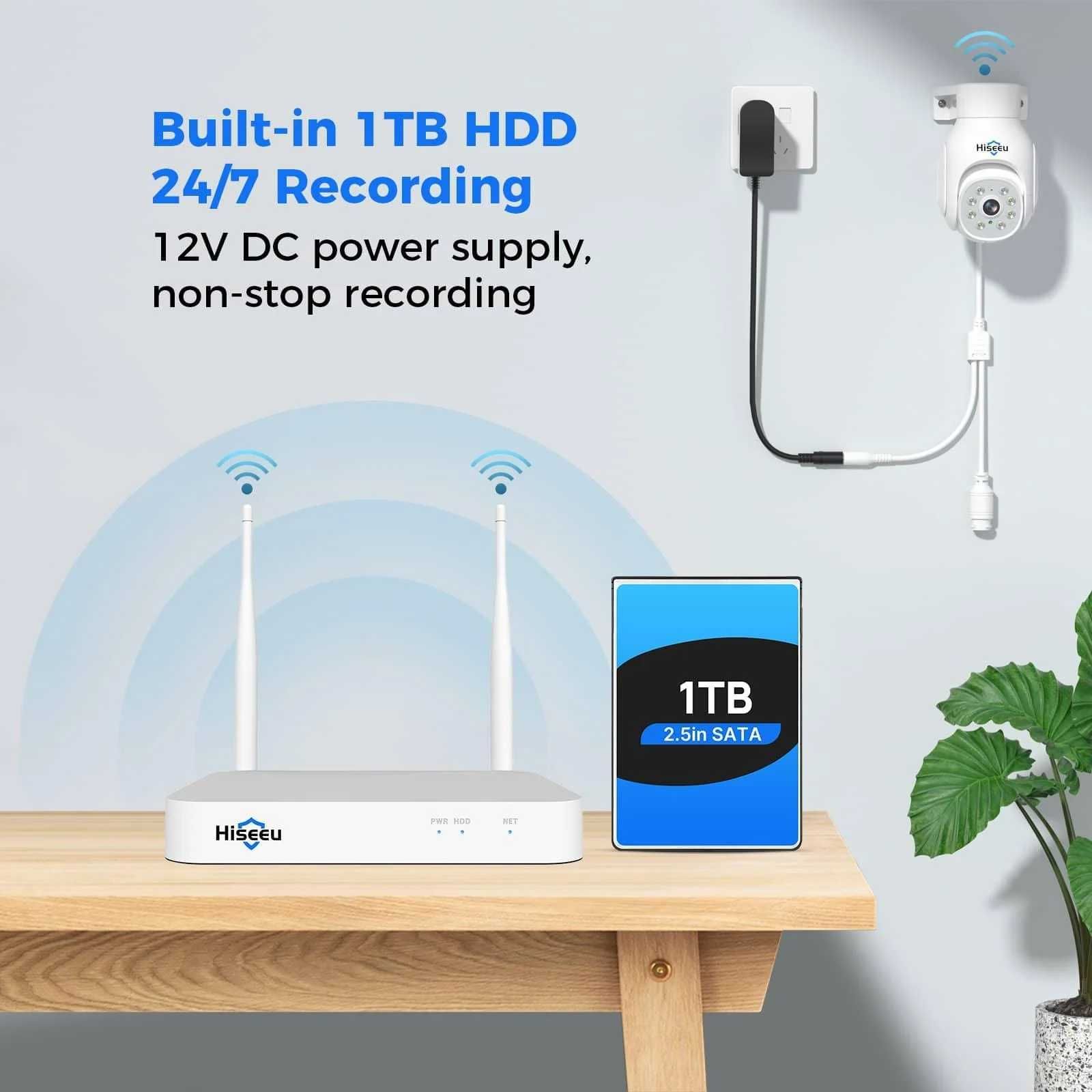 Hiseeu 5MP PTZ система IP66 4 бр. WiFi камери, 1TB диск, 4K 10CH NVR