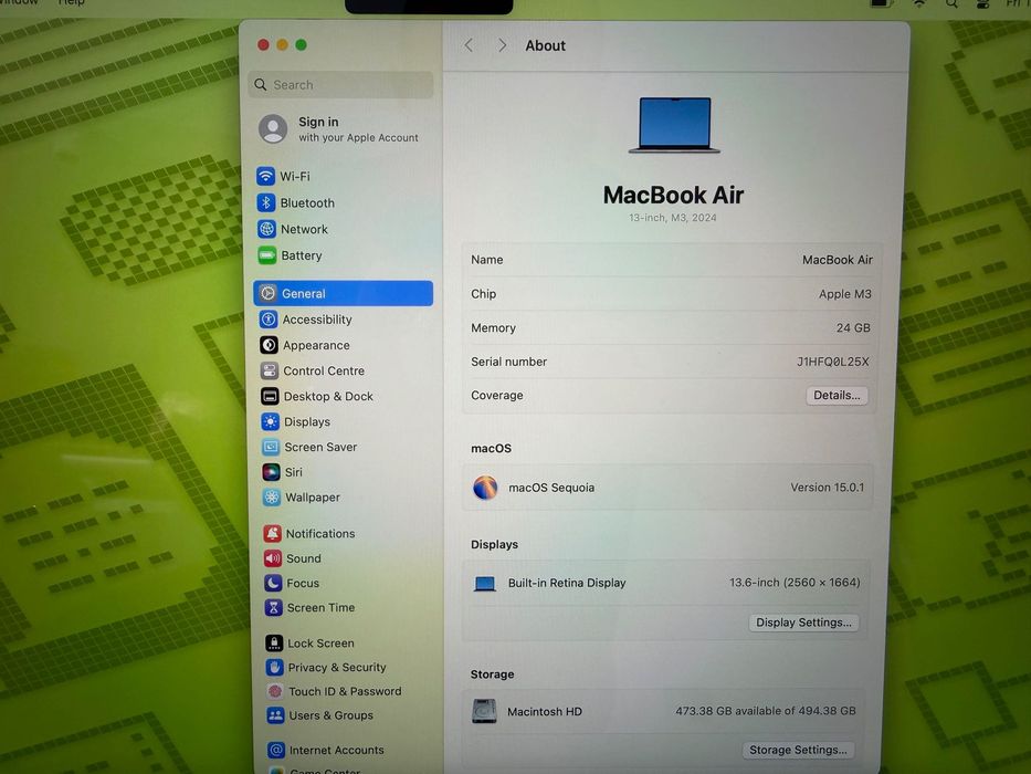 MacBook Air 13" M3 Chip 8-CPU, 10-GPU, 24RAM, 512 SSD