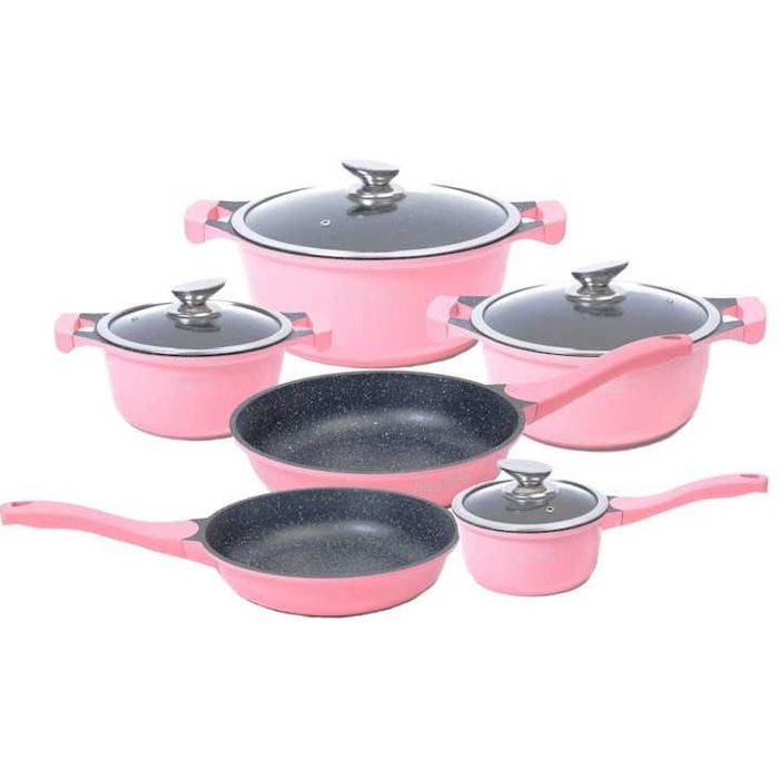 Комплект розови тенджери и тигани с капаци — чисто нови