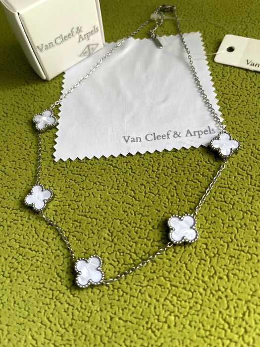 ван клиф колие бял седеф неръждаема стомана детелина van cleef