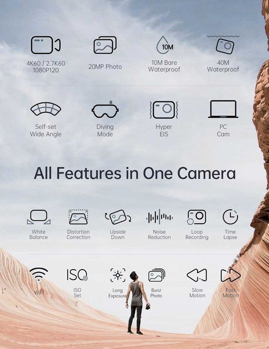 Cameră sport WOLFANG GA420, 4K 60FPS, WiFi, waterproof, accesorii