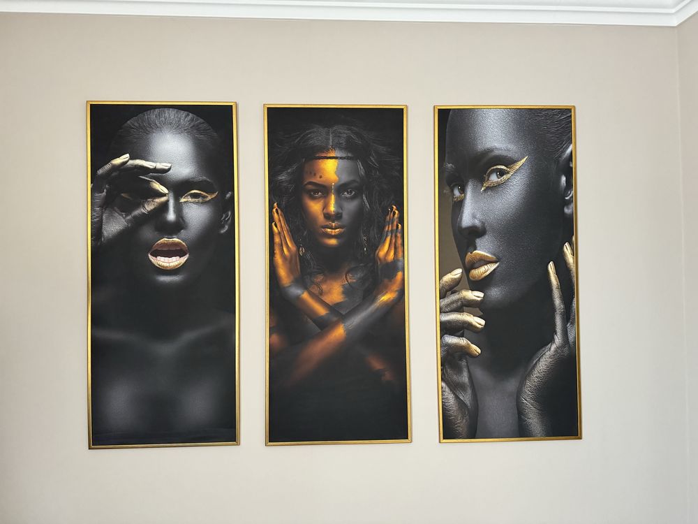 vand set 3 tablouri canvas femei africane 52x120 ramă lemn natural