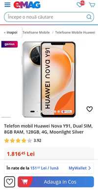 mobil Huawei Nova Y91, Dual SIM, 8GB RAM,128GB Moonlight Silver