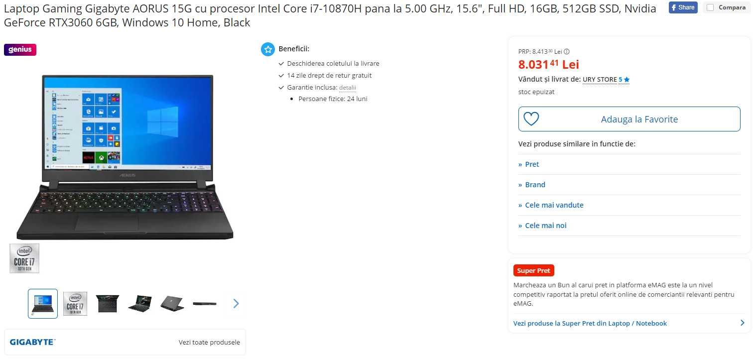 Laptop Gaming Gigabyte 15 g FULL BOX superpreti pana la 01/31