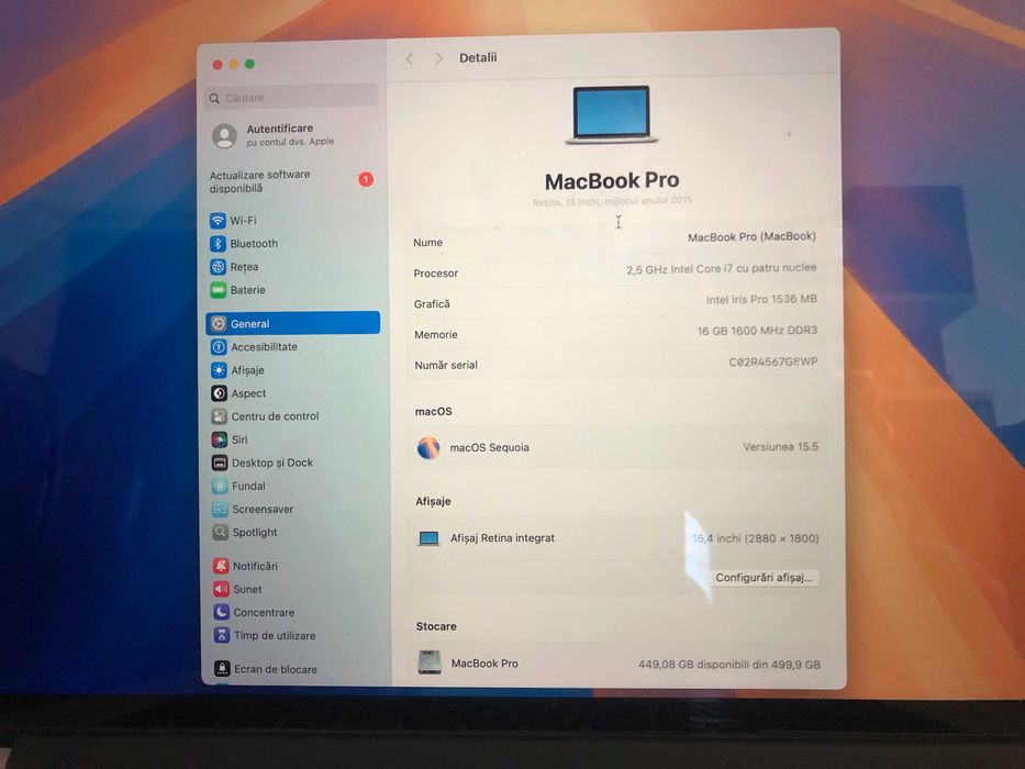 MacBook Pro 15, 2015 Retina, 2,5 GHz i7, 16 GB,SSD 500 GB,stare f buna