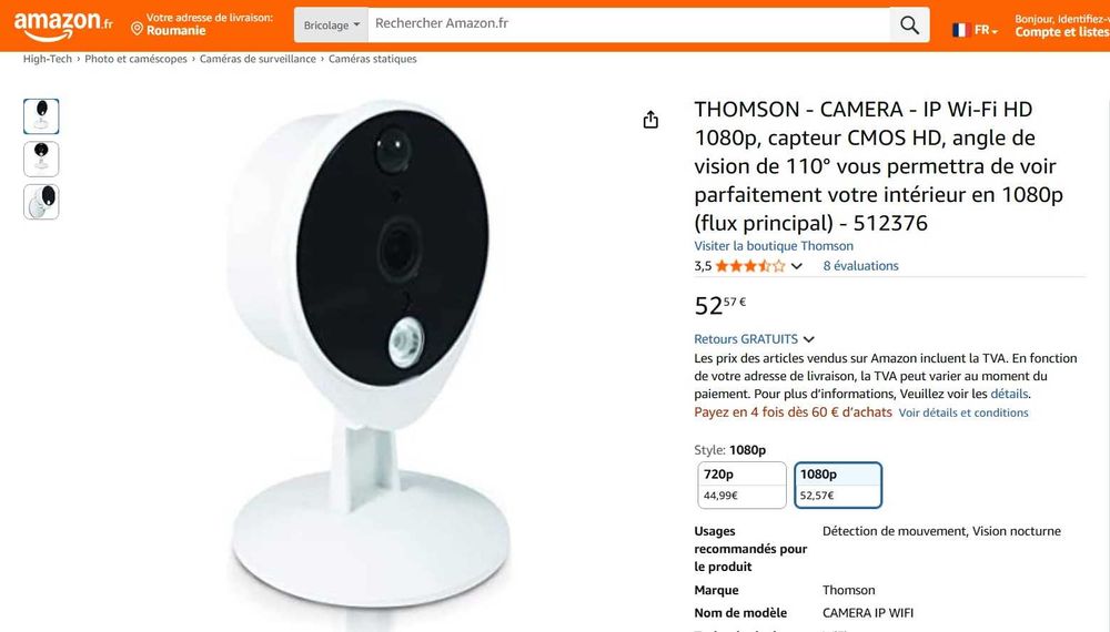 Camera video THOMSON- 1080p HD Wi-Fi IP, senzor CMOS HD