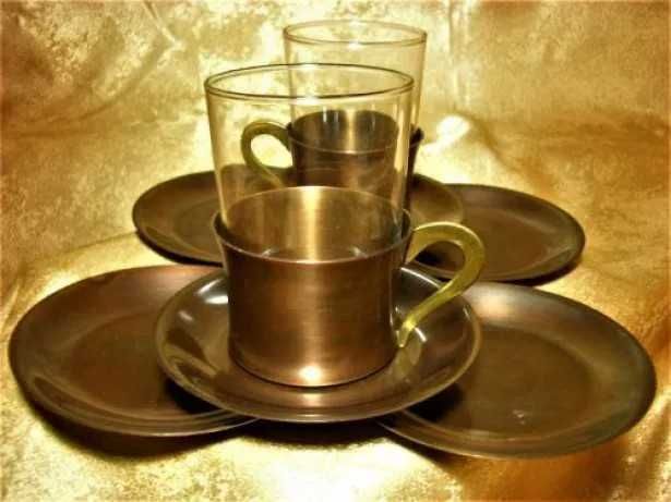 Set ceai cafea, cupru, bronz, sticla, WMF, colectie, cadou, vintage