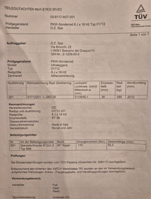 O.Z Ultraleggera 5x108 18 ET38 8J