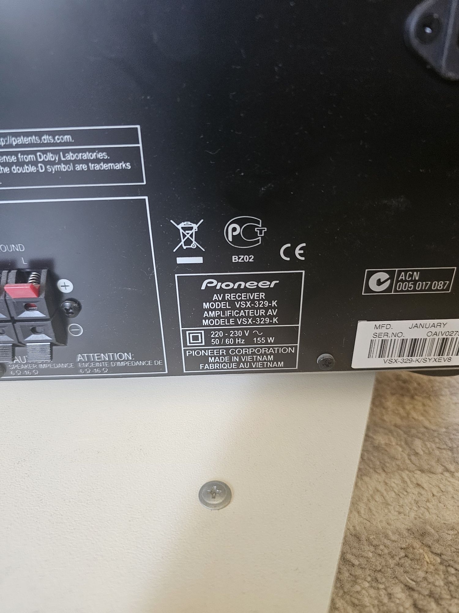 Receiver  pioneer VSX-329 -К+ две колони.