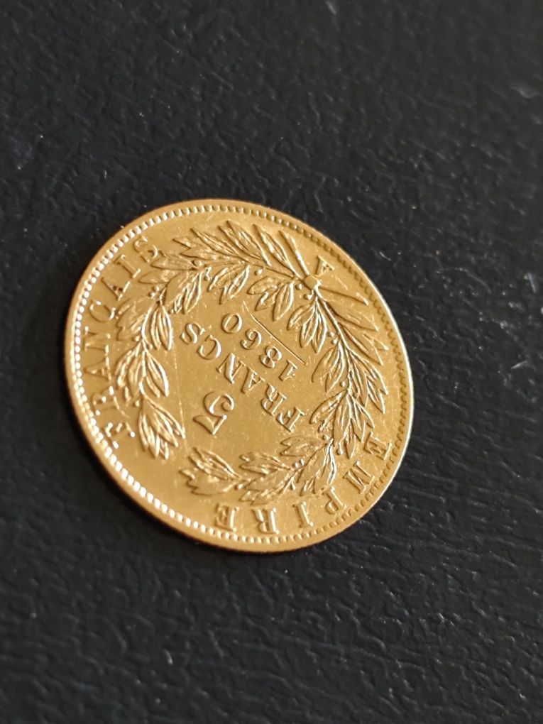 Златна монета,5 франка 1860 год.,Наполеон III, тегло 1.61 гр.,900/1000