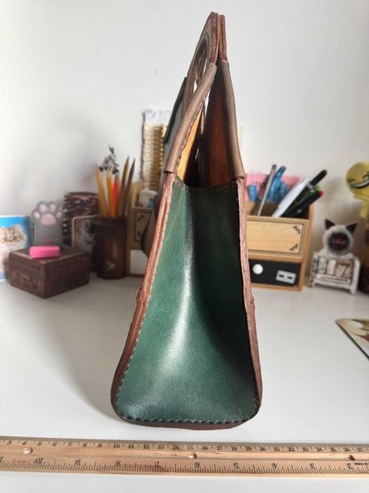 Geanta piele handmade verde - maro