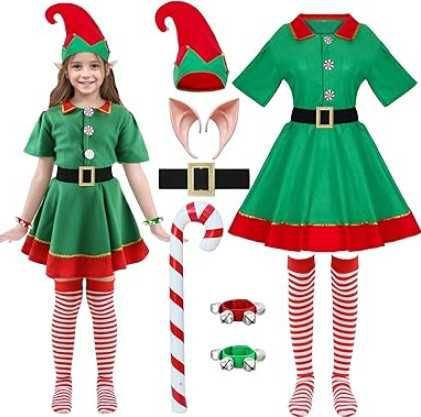 Детски коледен костюм на Елф Raveparty, от 7 части, карнавален