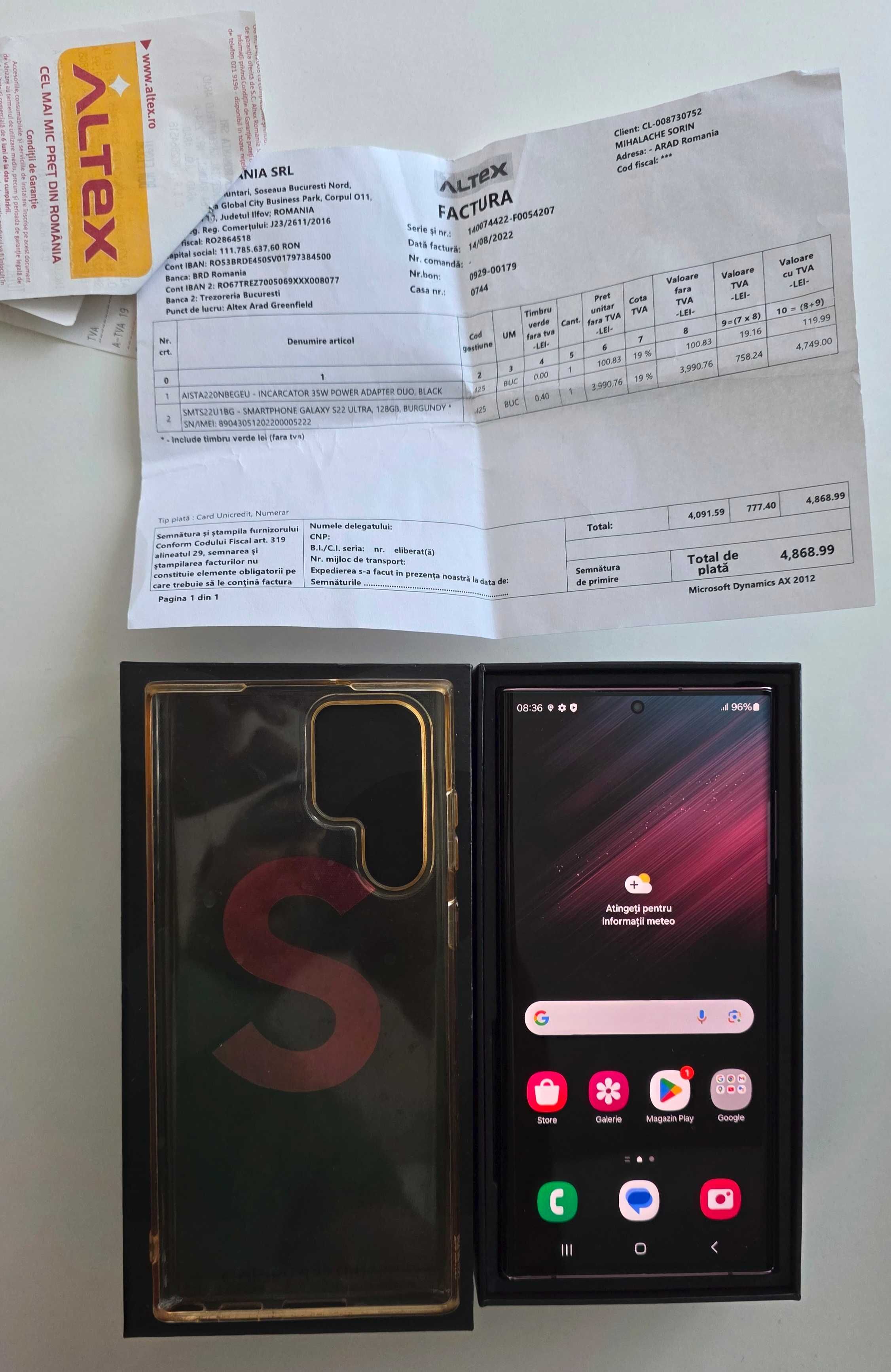 Samsung S22 Ultra Burgundy, impecabil, husa, pachet complet si factura