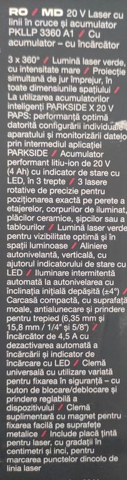 Laser 3 x 360 grade Parkside Performance cu acumulator 20 v 4 ah smart
