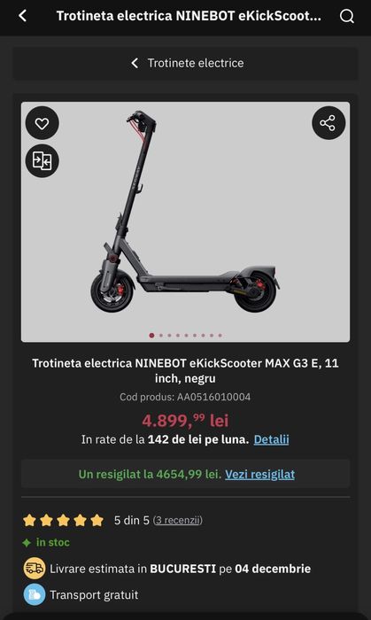 Trotineta electrica NINEBOT eKickScooter MAX G3 E, 11 inch, sigilata