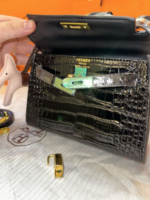 Geanta Hermes Kelly 19cm black piele croco