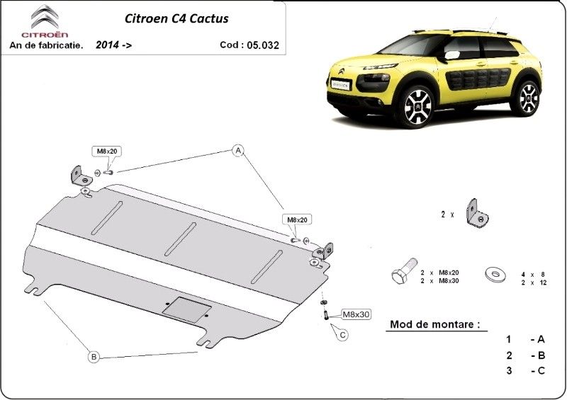 Scut motor metalic pentru Citroen C4 2004-prezent - otel 2-2.5mm